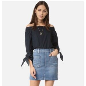 Free People Black Smocked Neck Off Shoulder Blouse Sz XS